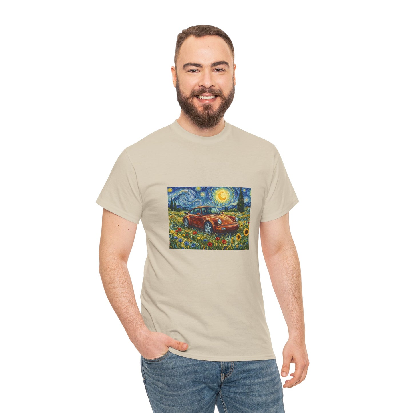 Vintage Sports Car Tee — Starry Night Sunflower Art Shirt