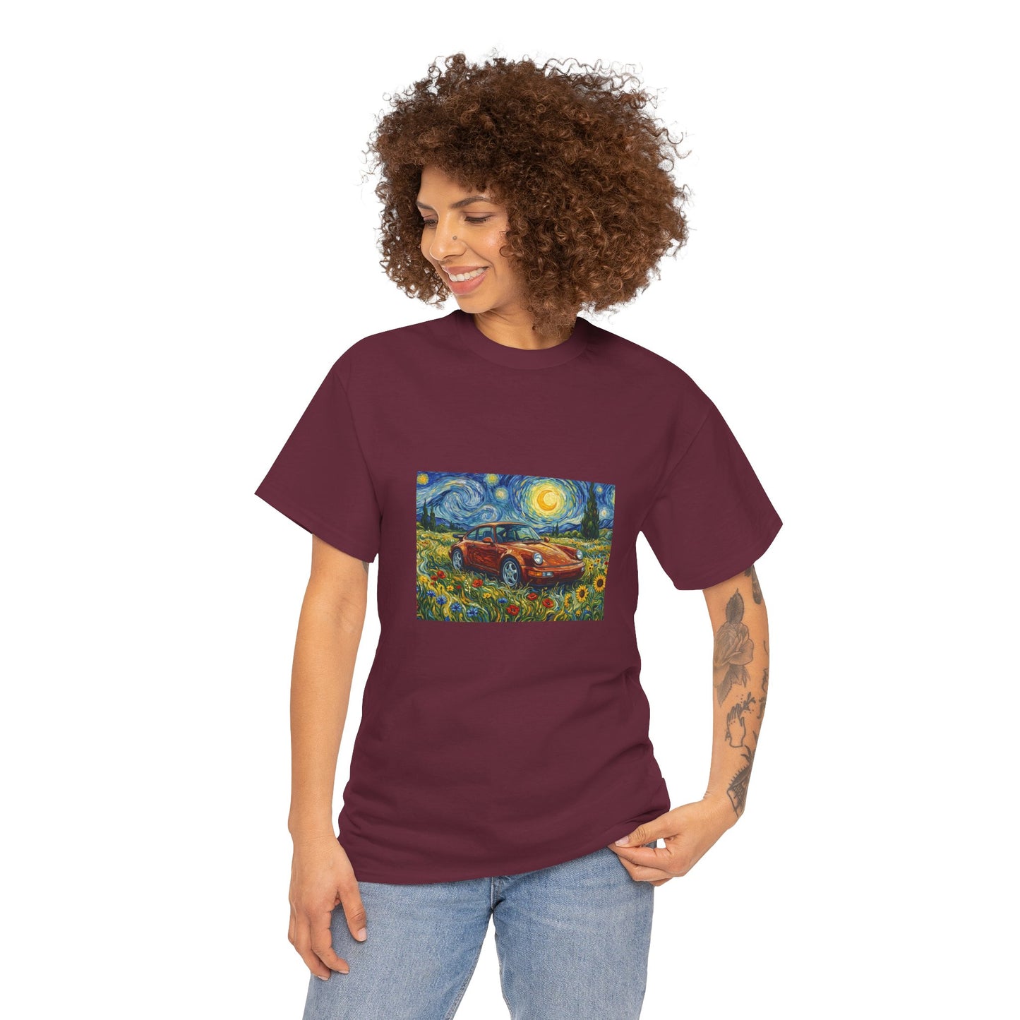 Vintage Sports Car Tee — Starry Night Sunflower Art Shirt