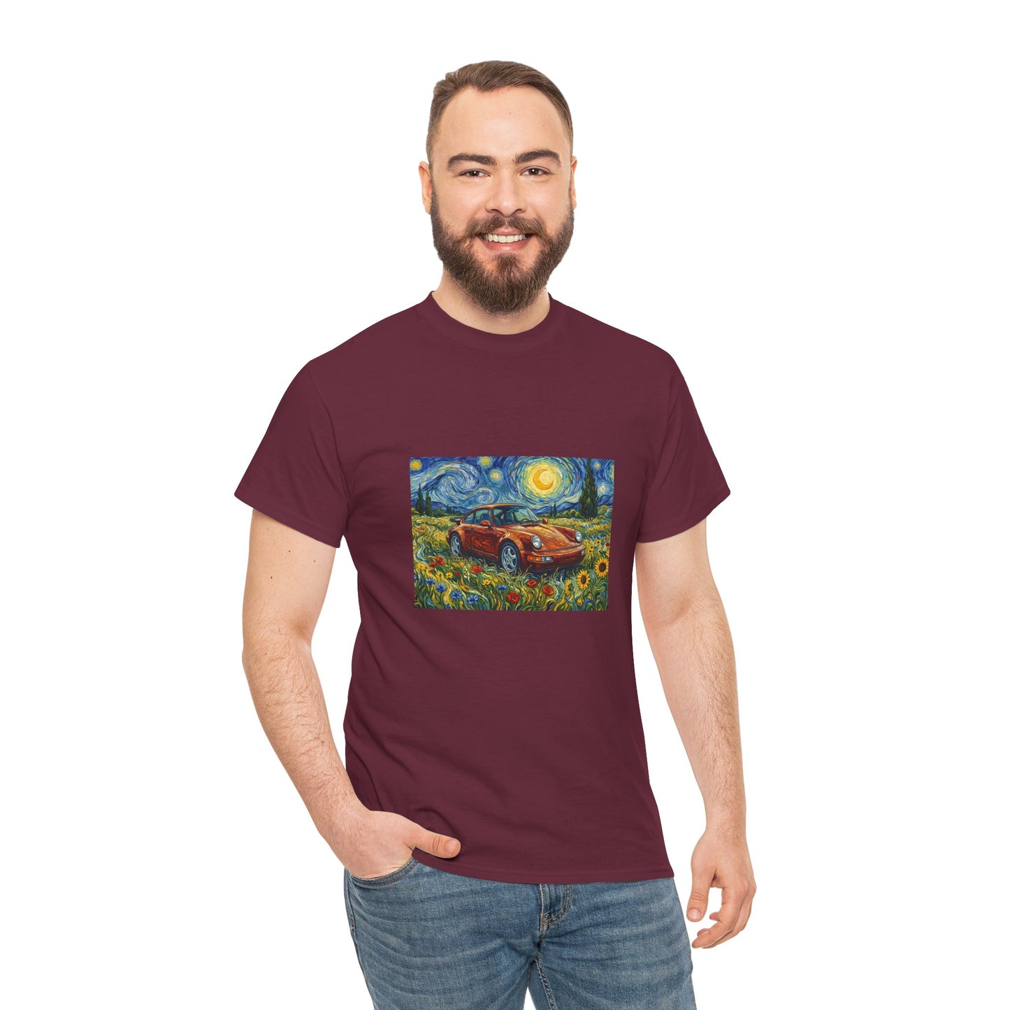 Vintage Sports Car Tee — Starry Night Sunflower Art Shirt